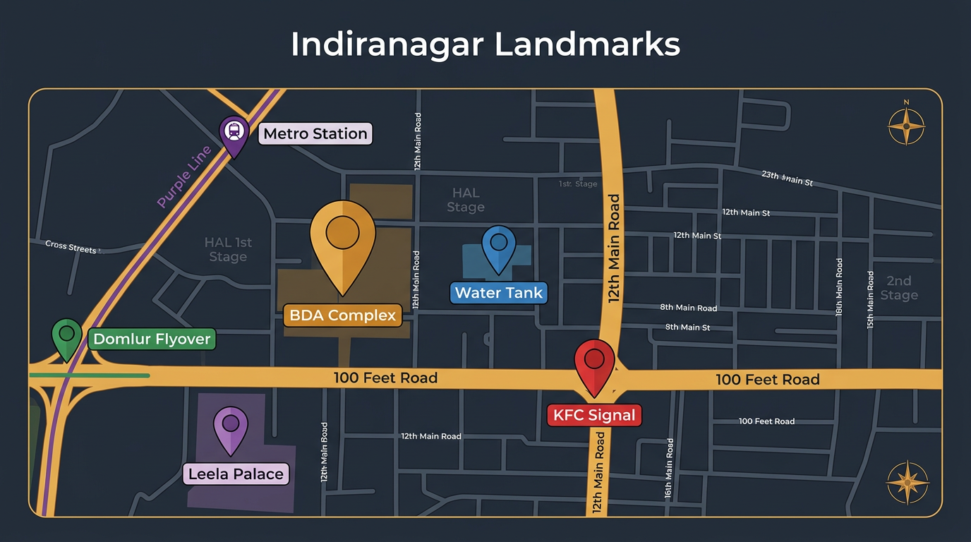 Indiranagar Landmarks Map — BDA Complex, Water Tank, KFC Signal, Domlur Flyover, Leela Palace, Metro Station